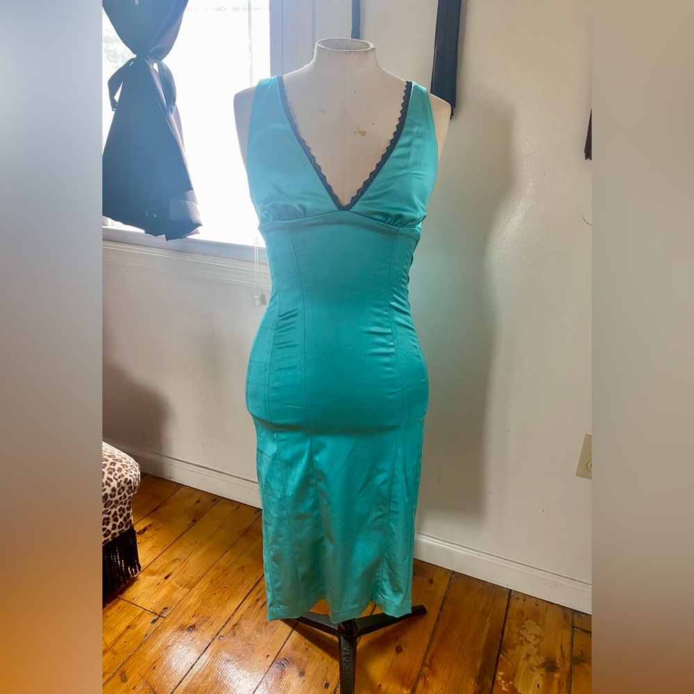 Teal satin bebe gown with black lace trim glamour pinup maxi S